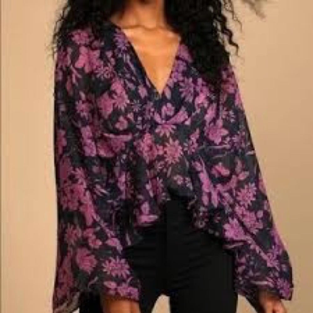 Lulus Floral Print Blouse Midnight Blue Peplum Sheer Romantic Boho Coquette XL